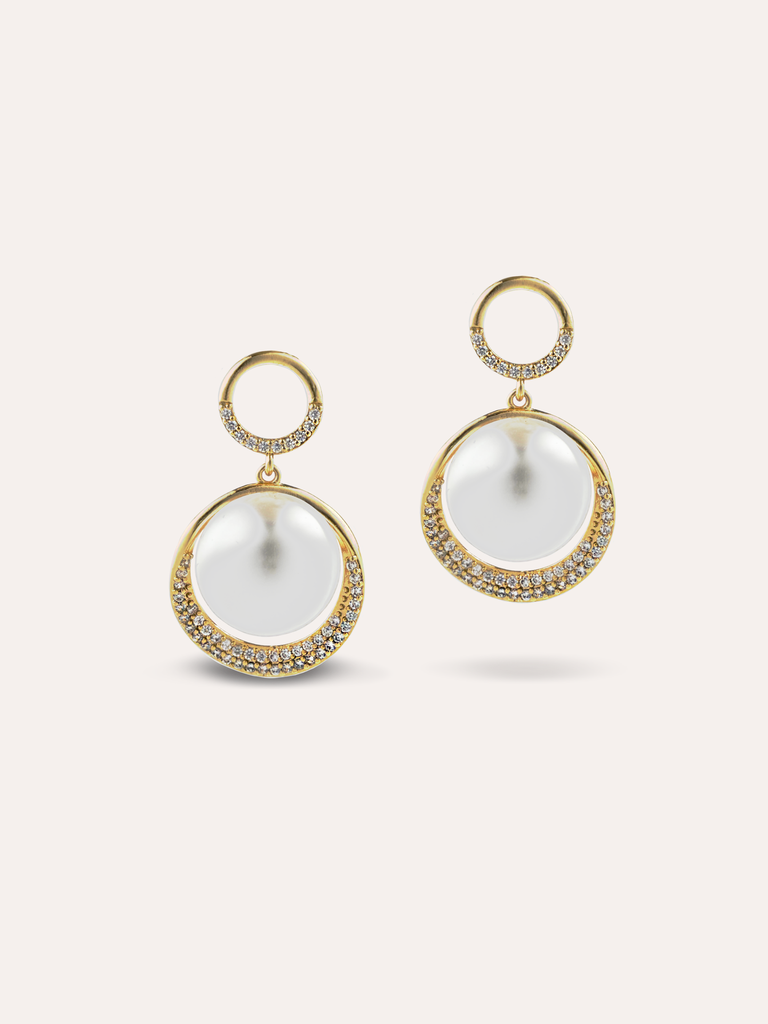 ARETES COLGANTES PERLA ZIRCS BAÑO ORO