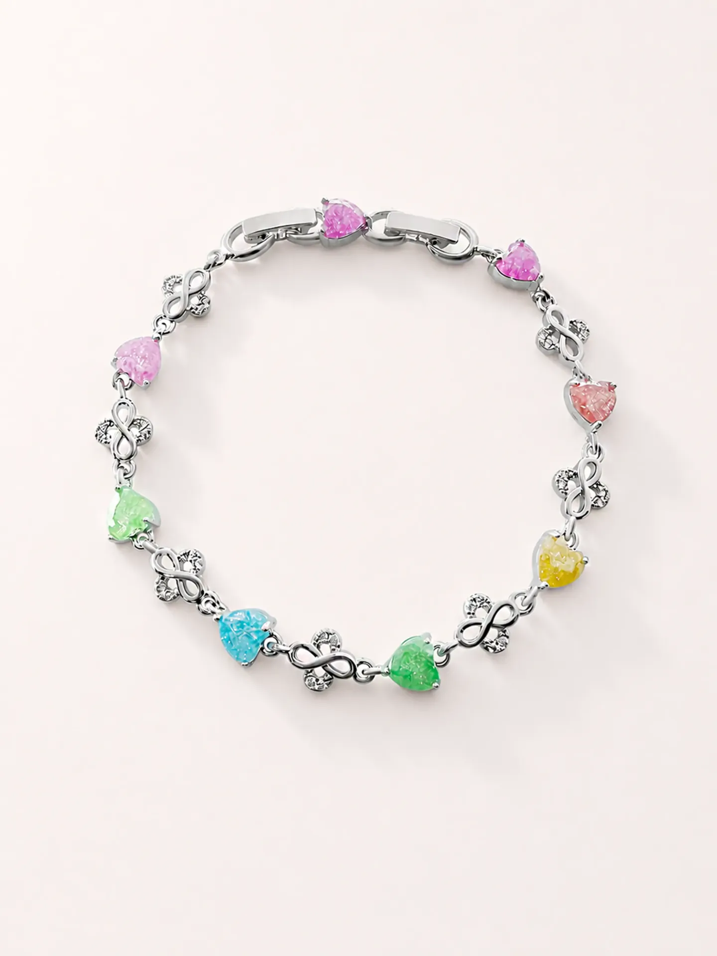 PULSERA CORAZONES MULTICOLOR BAÑO RODIO